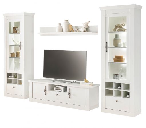 Wohnwand Fiastra in wei� Pinie Landhaus Wohnkombination 4-teilig, Soft-Close-Funktion