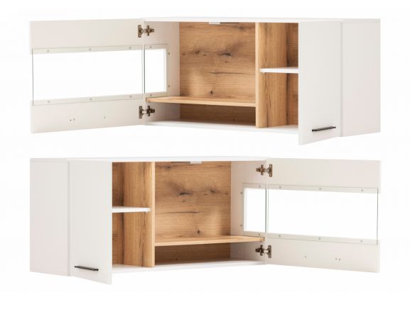 H�ngevitrine Lavell in wei� matt und Evoke Eiche Vitrine h�ngend 120 cm, Soft-Close-Funktion