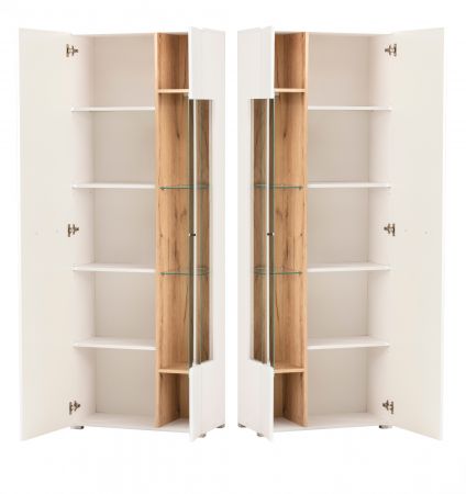 Vitrine Lavell in wei� matt und Evoke Eiche Vitrinenschrank 72 x 200 cm, Soft-Close-Funktion