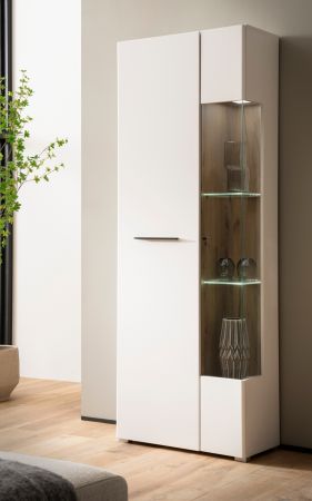 Vitrine Lavell in wei� matt und Evoke Eiche Vitrinenschrank 72 x 200 cm, Soft-Close-Funktion