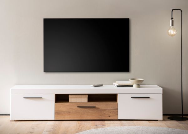 TV-Lowboard Lavell in wei� matt und Evoke Eiche TV Unterteil 205 cm, Soft-Close-Funktion