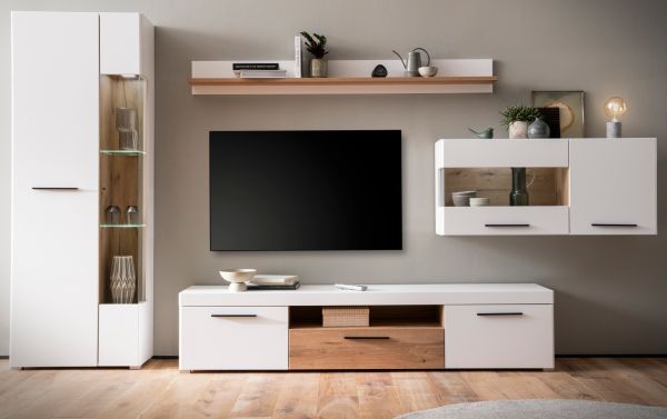 Wohnwand Lavell in wei� matt und Evoke Eiche Wohnkombination 4-teilig, Soft-Close-Funktion