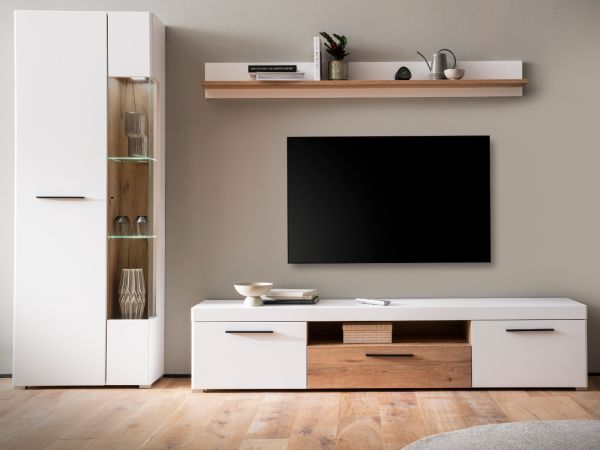 Wohnwand Lavell in wei� matt und Evoke Eiche Wohnkombination 3-teilig, Soft-Close-Funktion