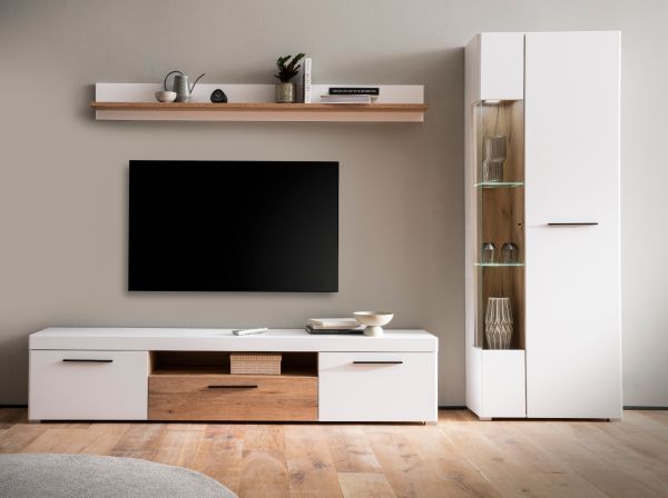 Wohnwand Lavell in wei� matt und Evoke Eiche Wohnkombination 3-teilig, Soft-Close-Funktion