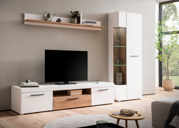 Wohnwand Lavell in wei� matt und Evoke Eiche Wohnkombination 3-teilig, Soft-Close-Funktion