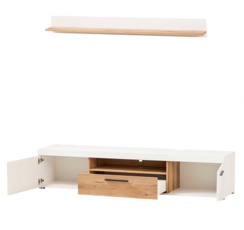 TV-Lowboard und Wandboard Lavell in wei� matt und Evoke Eiche Wohnkombination 2-teilig, Soft-Close-Funktion
