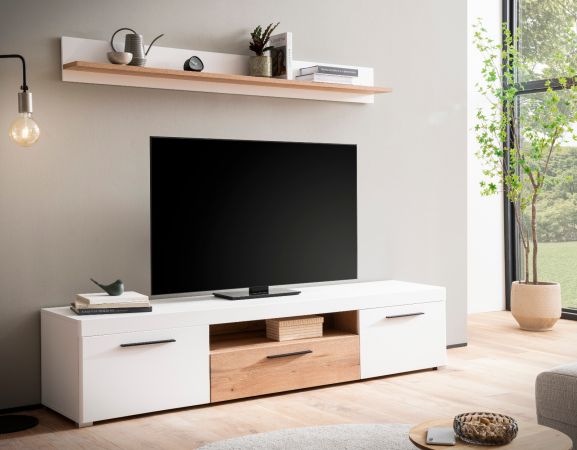TV-Lowboard und Wandboard Lavell in wei� matt und Evoke Eiche Wohnkombination 2-teilig, Soft-Close-Funktion