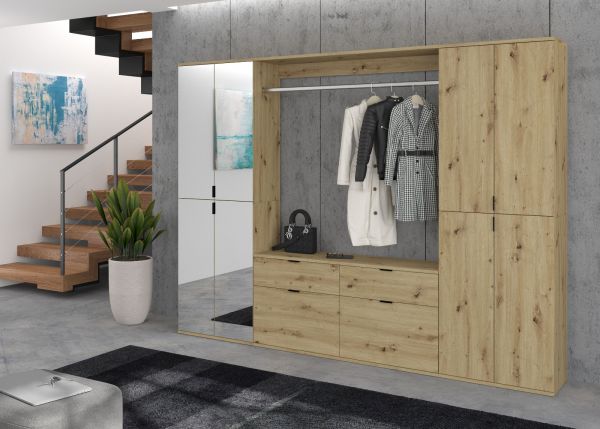 Garderobe Set 3-teilig Line-Up in Artisan Eiche Kommode und Kleiderstange 121 cm