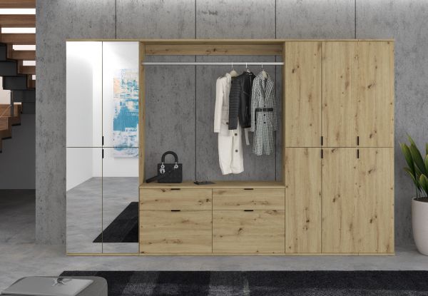 Garderobe Set 3-teilig Line-Up in Artisan Eiche Kommode und Kleiderstange 121 cm
