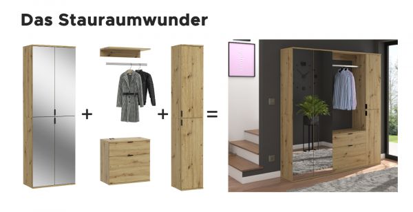 Garderobe Set Line-Up in Artisan Eiche und wei� Hochglanz Garderobenschrank mit Spiegel 152 x 193 cm