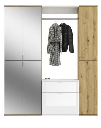 Garderobe Set Line-Up in Artisan Eiche und wei� Hochglanz Garderobenschrank mit Spiegel 152 x 193 cm