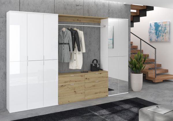 Garderobe mit Spiegel SystemX in wei� Hochglanz und Artisan Eiche Garderobenschrank 273 x 193 cm