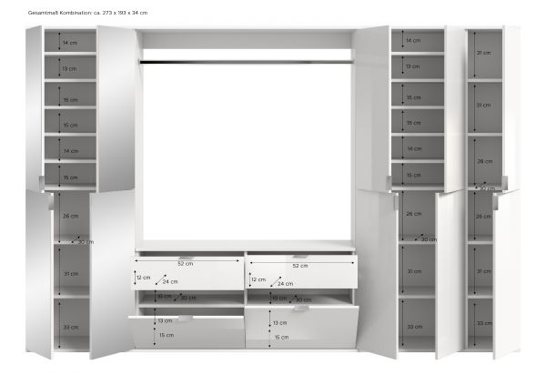 Garderobe mit Spiegel SystemX in wei� Hochglanz und Artisan Eiche Garderobenschrank 273 x 193 cm
