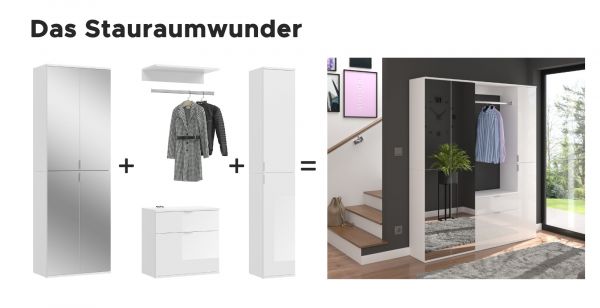 Garderobe mit Spiegel SystemX in wei� Hochglanz und Artisan Eiche Garderobenschrank 273 x 193 cm