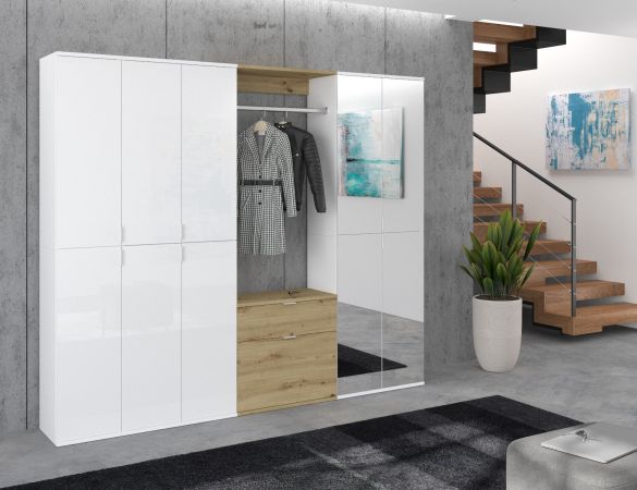 Garderobe mit Spiegel SystemX in wei� Hochglanz und Artisan Eiche Garderobenschrank 213 x 193 cm