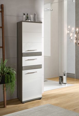 Badezimmer Midischrank Bailey in wei� Hochglanz und Rauchsilber grau Badschrank 35 x 137 cm