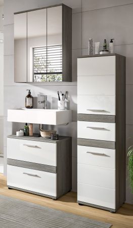 Badezimmer Midischrank Bailey in wei� Hochglanz und Rauchsilber grau Badschrank 35 x 137 cm