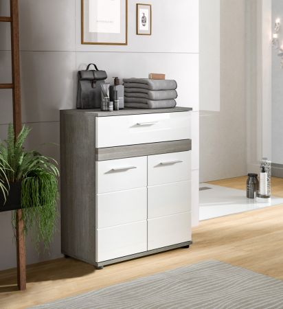 Badezimmer Kommode Bailey in wei� Hochglanz und Rauchsilber grau Badschrank 71 x 79 cm