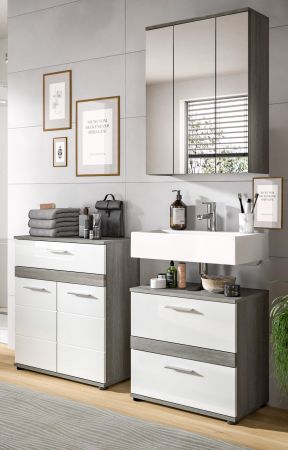 Badezimmer Kommode Bailey in wei� Hochglanz und Rauchsilber grau Badschrank 71 x 79 cm