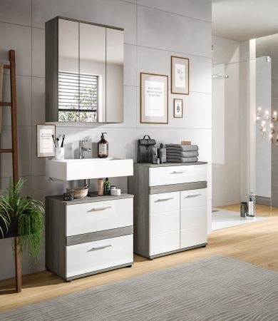 Badezimmer Kommode Bailey in wei� Hochglanz und Rauchsilber grau Badschrank 71 x 79 cm
