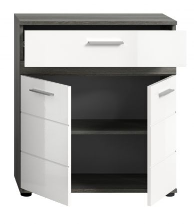 Badezimmer Kommode Bailey in wei� Hochglanz und Rauchsilber grau Badschrank 71 x 79 cm