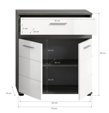 Badezimmer Kommode Bailey in wei� Hochglanz und Rauchsilber grau Badschrank 71 x 79 cm