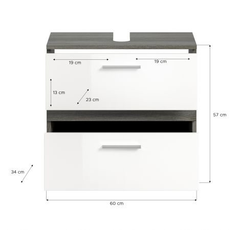 Badm�bel Set 2-teilig Bailey in wei� Hochglanz und Rauchsilber grau Badkombination Breite 60 cm