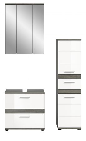 Badm�bel Set 3-teilig Bailey in wei� Hochglanz und Rauchsilber grau Badkombination 110 x 191 cm