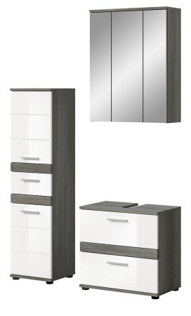 Badm�bel Set 3-teilig Bailey in wei� Hochglanz und Rauchsilber grau Badkombination 110 x 191 cm