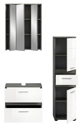 Badm�bel Set 3-teilig Bailey in wei� Hochglanz und Rauchsilber grau Badkombination 110 x 191 cm