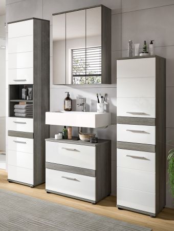 Badm�bel Set 4-teilig Bailey in wei� Hochglanz und Rauchsilber grau Badkombination 160 x 191 cm