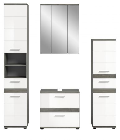 Badm�bel Set 4-teilig Bailey in wei� Hochglanz und Rauchsilber grau Badkombination 160 x 191 cm