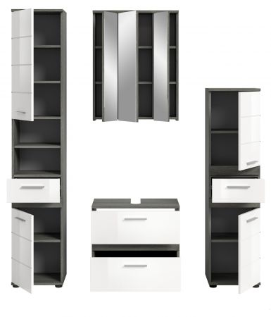 Badm�bel Set 4-teilig Bailey in wei� Hochglanz und Rauchsilber grau Badkombination 160 x 191 cm