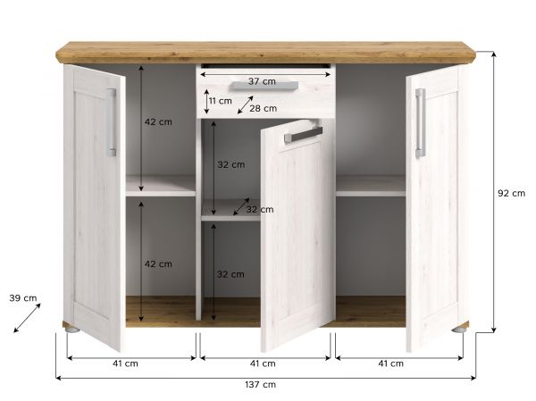 Sideboard Mirano in wei� L�rche und Eiche Artisan Landhaus Kommode 137 cm