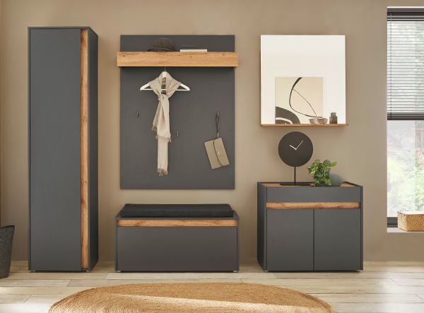 Schuhschrank Center in grau matt und Wotan Eiche Flurschrank 50 x 200 cm
