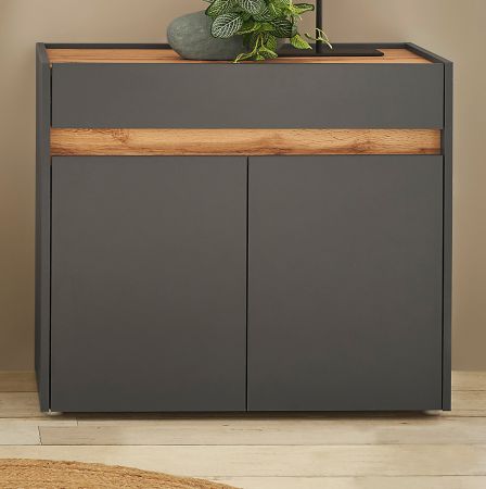 Schuhschrank Center in grau matt und Wotan Eiche Flurkommode 80 x 70 cm
