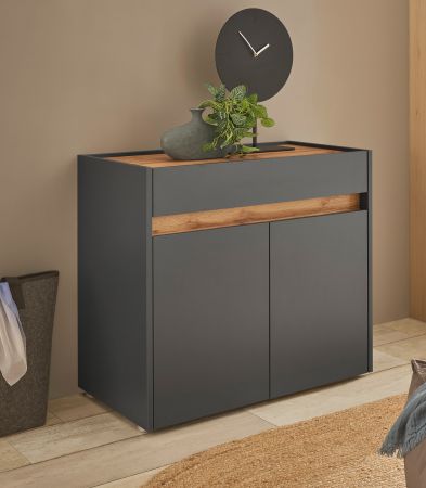 Schuhschrank Center in grau matt und Wotan Eiche Flurkommode 80 x 70 cm