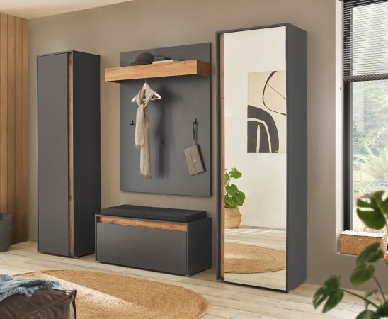Garderobe Set 4-teilig Center in grau matt und Wotan Eiche Garderobenkombination 170 x 200 cm