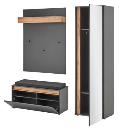 Garderobe Set 4-teilig Center in grau matt und Wotan Eiche Garderobenkombination 170 x 200 cm