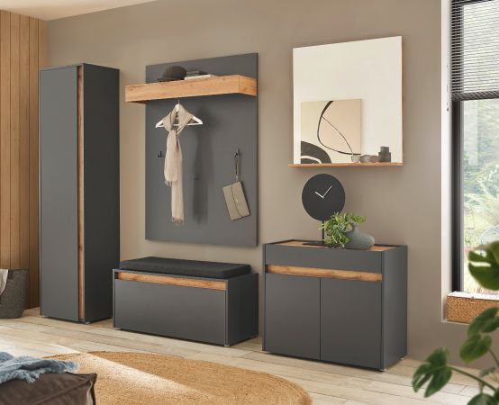 Garderobe Set 3-teilig Center in grau matt und Wotan Eiche Garderobenkombination 100 x 200 cm