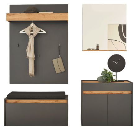 Garderobe Set 5-teilig Center in grau matt und Wotan Eiche Garderobenkombination 190 x 200 cm