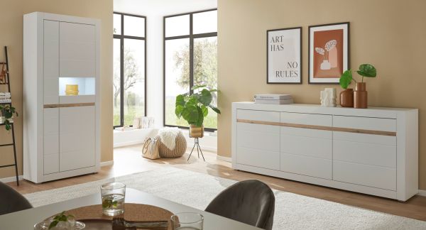 Sideboard Derby in wei� matt und Evoke Eiche Kommode 217 x 90 cm, Soft-Close-Funktion