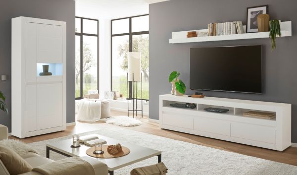 TV-Lowboard und Wandboard Derby in wei� matt und Evoke Eiche, Set 2-teilig 217 cm, Soft-Close-Funktion