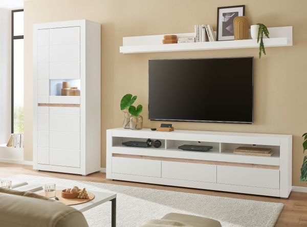 Wohnwand Derby in wei� matt und Evoke Eiche Wohnkombination 3-teilig, Soft-Close-Funktion