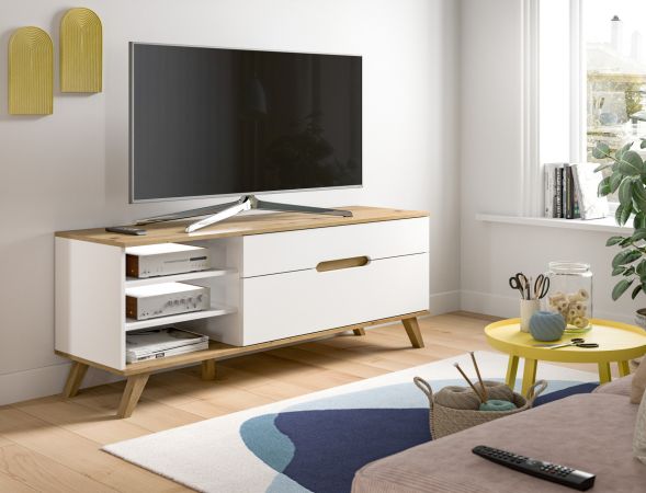 TV-Lowboard Hygge in wei� und Nox Eiche TV Unterteil skandinavisch 140 cm, Soft-Close