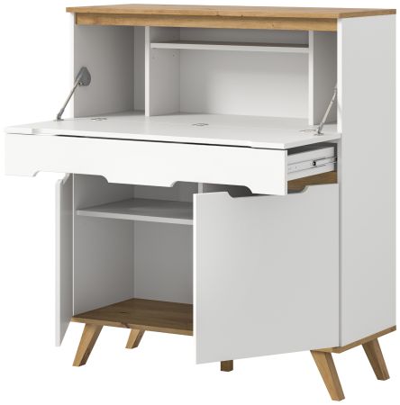 Sekret�r Hygge in wei� und Nox Eiche Schreibtisch skandinavisch 100 cm, Soft-Close