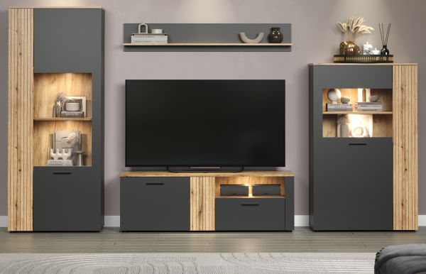 Wohnwand Avila in grau und Evoke Eiche Schrankwand 4-teilig 340 cm