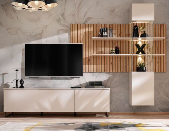 Wohnwand Laelia in Sand matt und Artisan Eiche 280 cm Schrankwand inklusive LED Beleuchtung, Push-to-Open