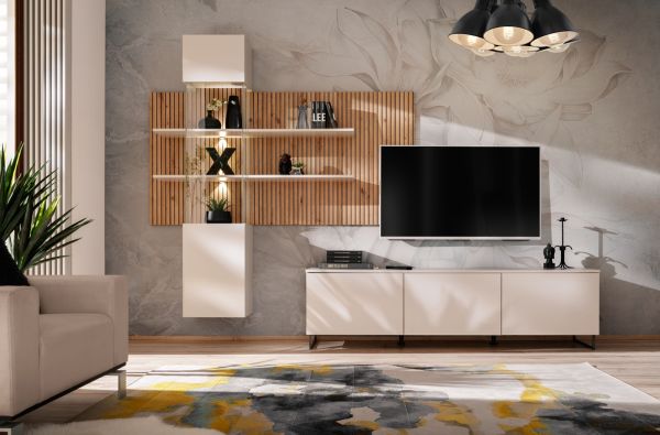 Wohnwand Laelia in Sand matt und Artisan Eiche 280 cm Schrankwand inklusive LED Beleuchtung, Push-to-Open