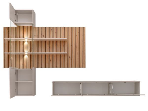Wohnwand Laelia in Sand matt und Artisan Eiche 280 cm Schrankwand inklusive LED Beleuchtung, Push-to-Open